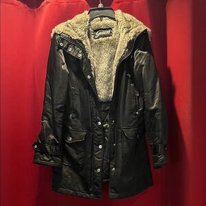 Guess Black Coat with Tan Faux Fur